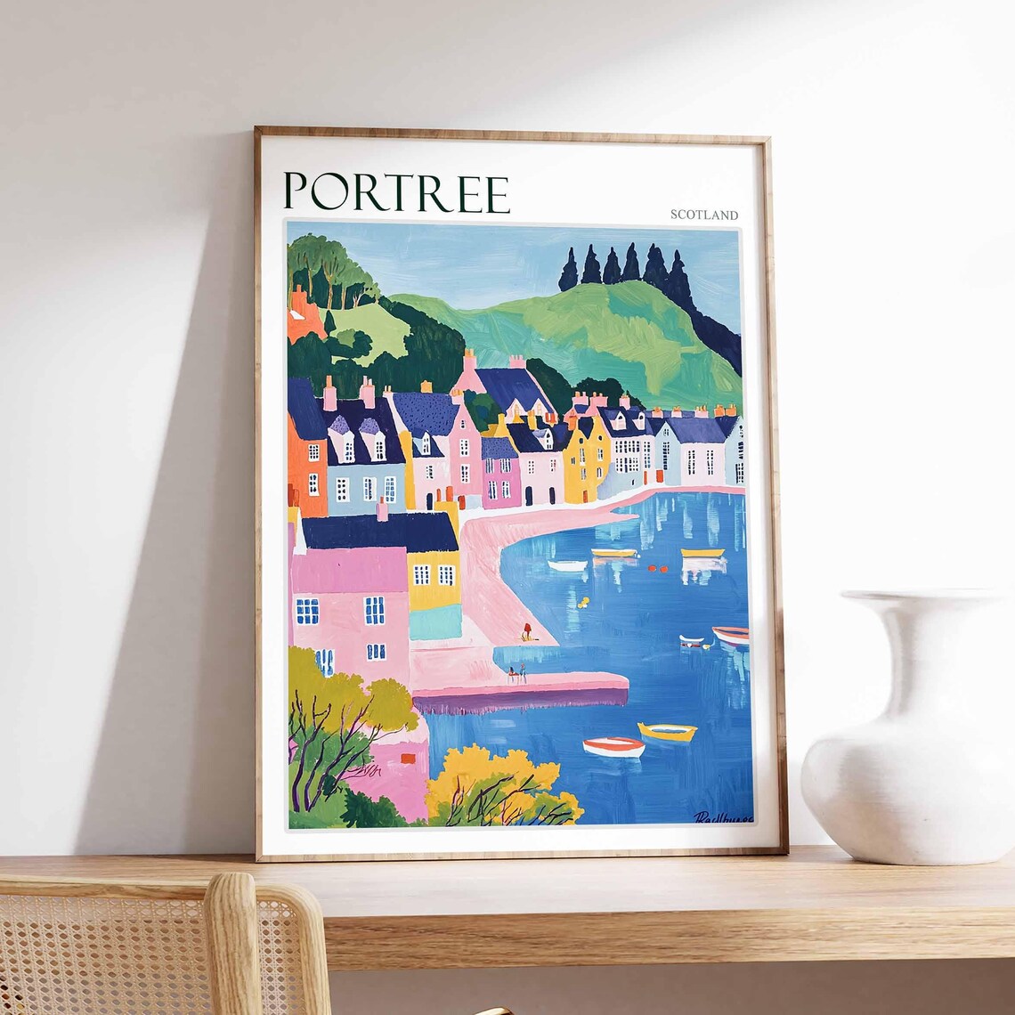 Portree Scotland Cottages Bay Boats Hillside Vintage Travel Poster