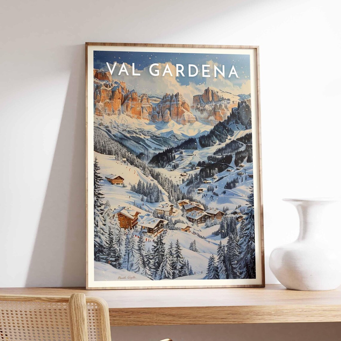 Val Gardena Italy Evening Village Moonlit Snowy Peaks Art Poster