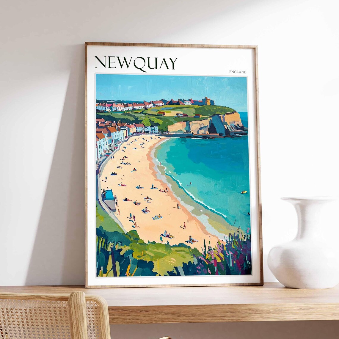 Newquay England Curved Golden Beach Cliffs Town Painting Poster