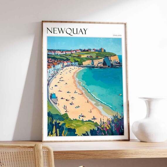Newquay England Curved Golden Beach Cliffs Town Painting Poster