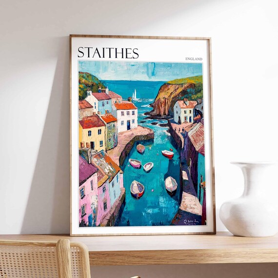 Staithes England Sunlit Harbor with Colorful Houses and Sailboat Poster