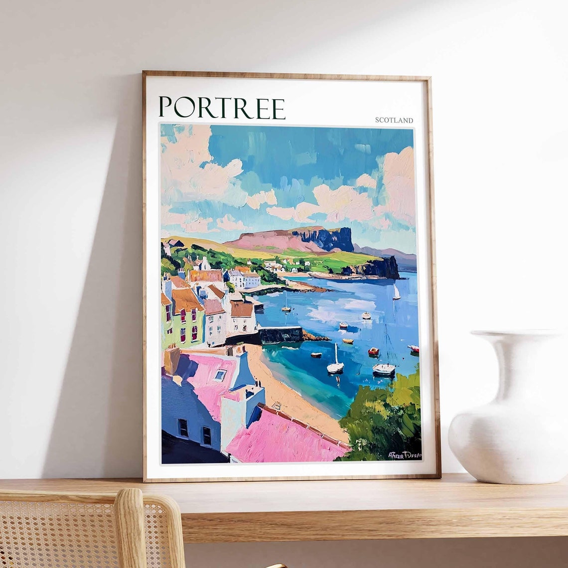 Portree Scotland Pink Rooftops Bay Cliffs Vintage Travel Poster