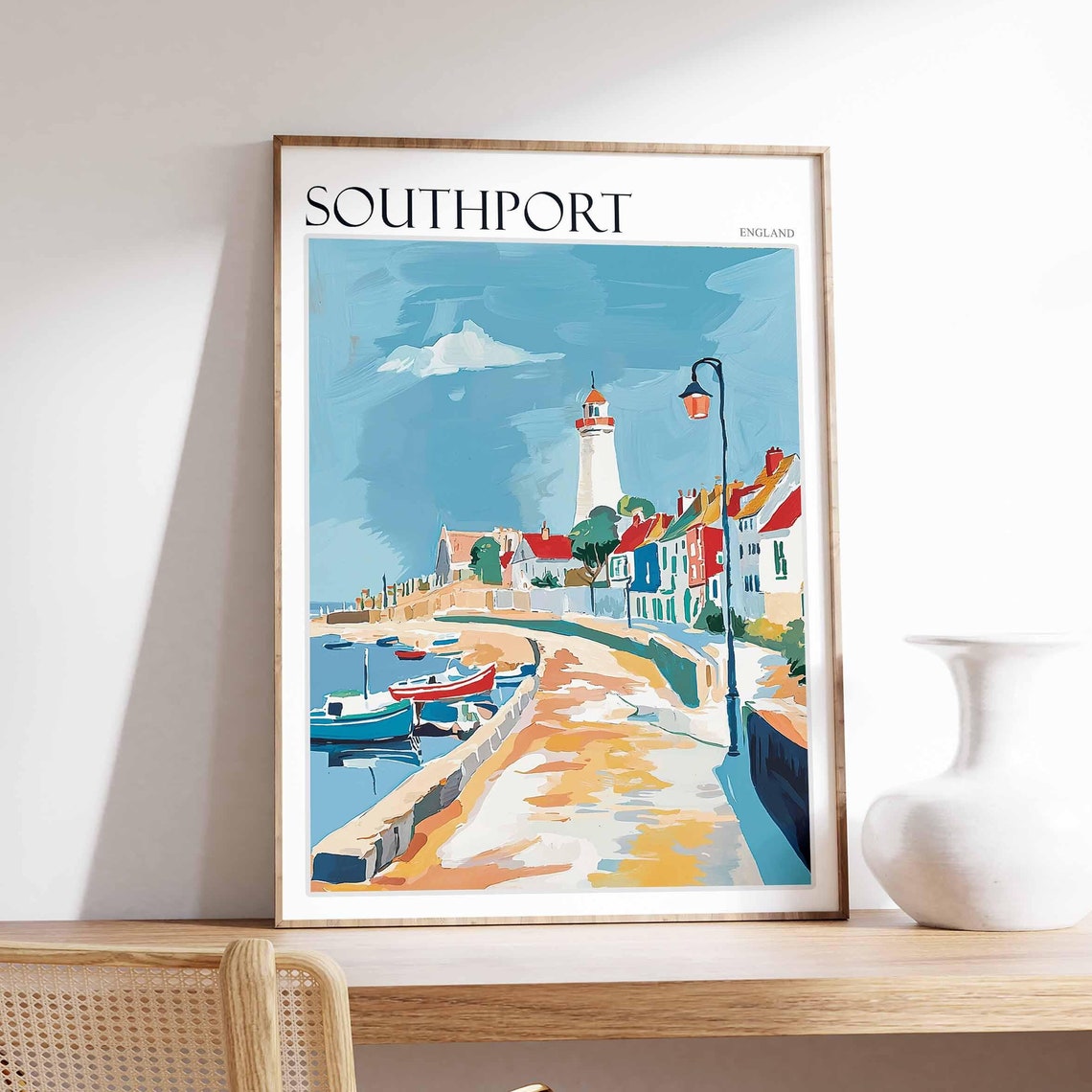 Southport England Lighthouse Harbor Boats Coastal View Poster