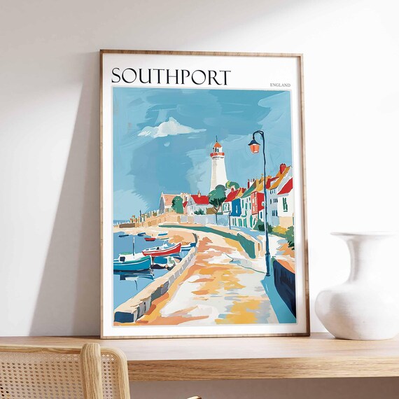 Southport England Lighthouse Harbor Boats Coastal View Poster