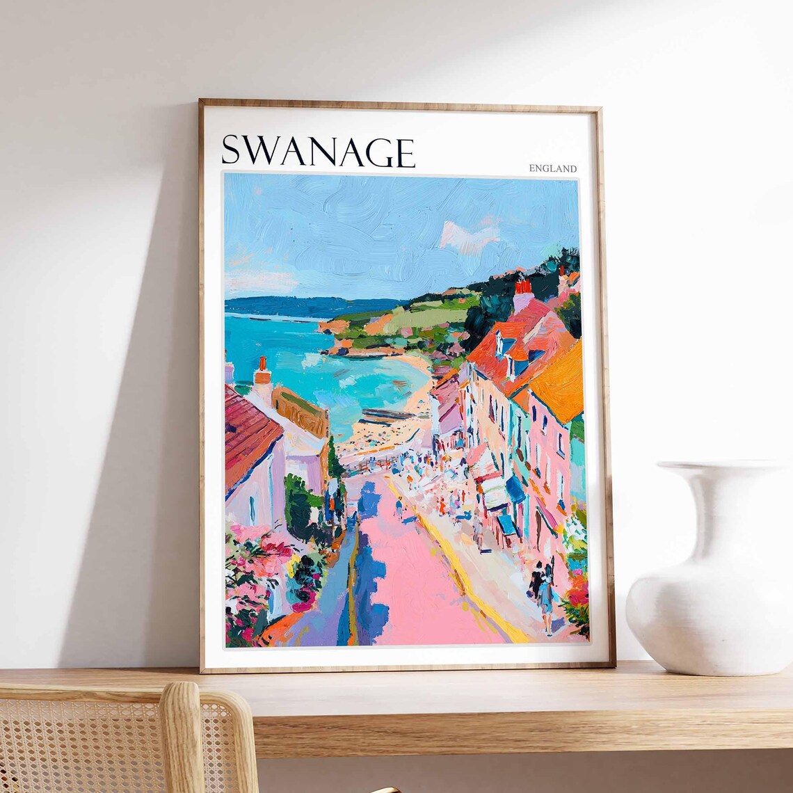Swanage Steep Street Pink Pastel Coastal Hill Beach Travel Poster