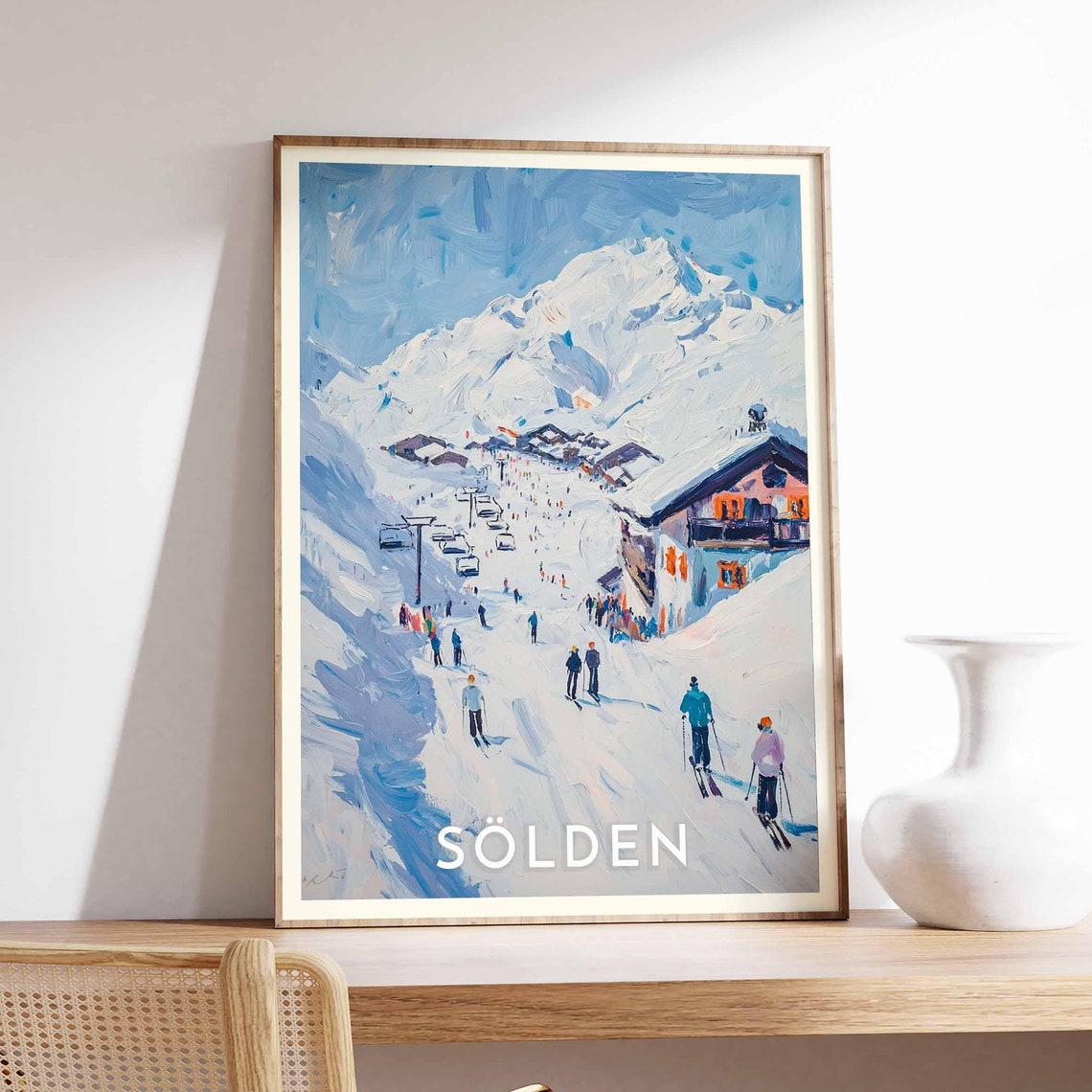 Sölden Austria Impasto Busy Slopes Blue Skiers and Lodge Poster
