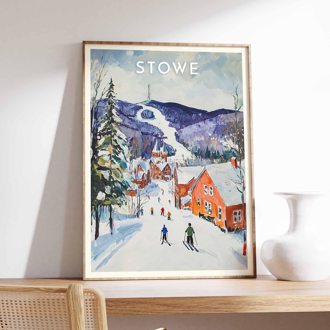 Stowe Village Ski Street with Church Steeple and Trails Poster