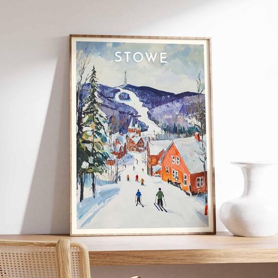 Stowe Village Ski Street with Church Steeple and Trails Poster