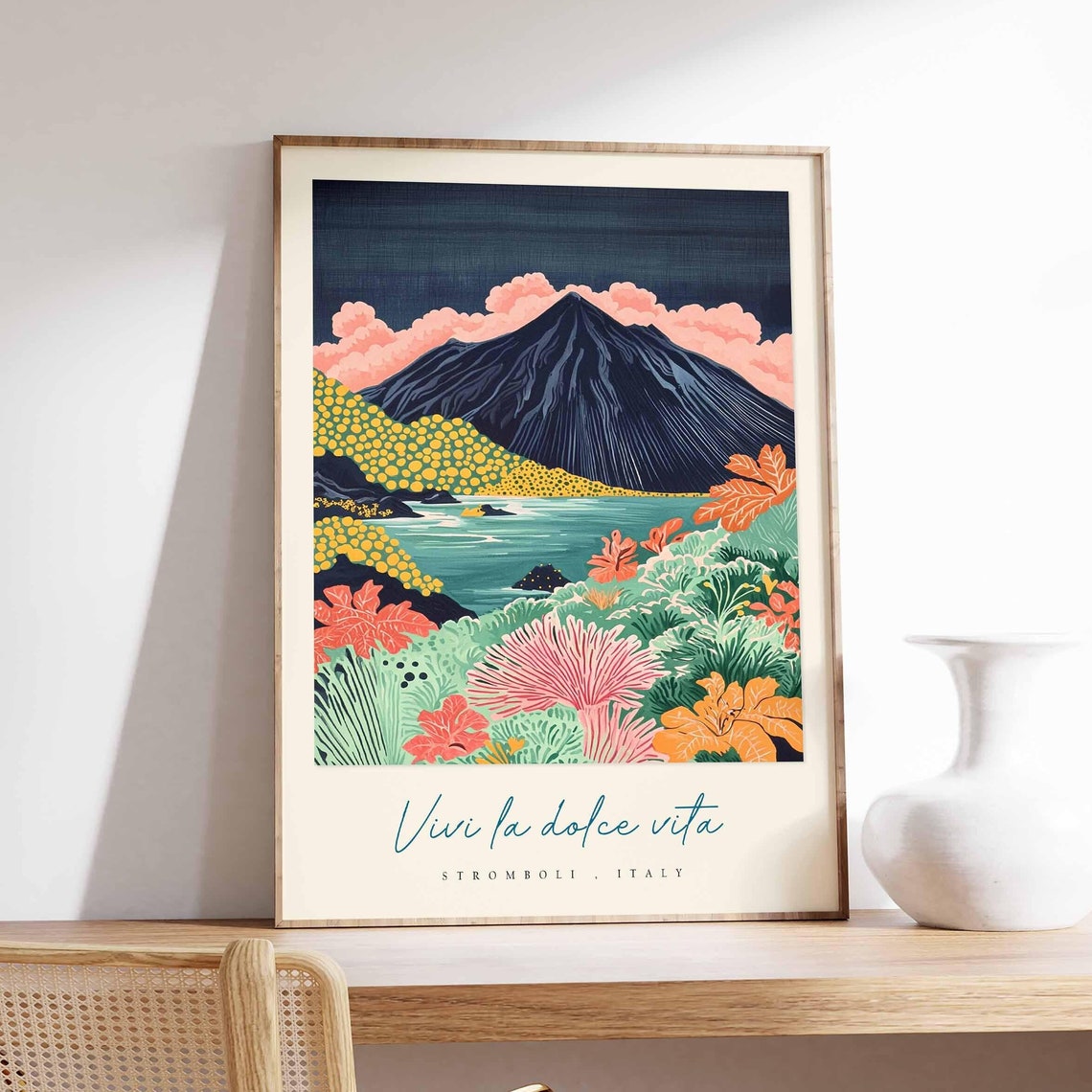 Stromboli Italy Night Poster Volcano Moon Pink Clouds And Flowers