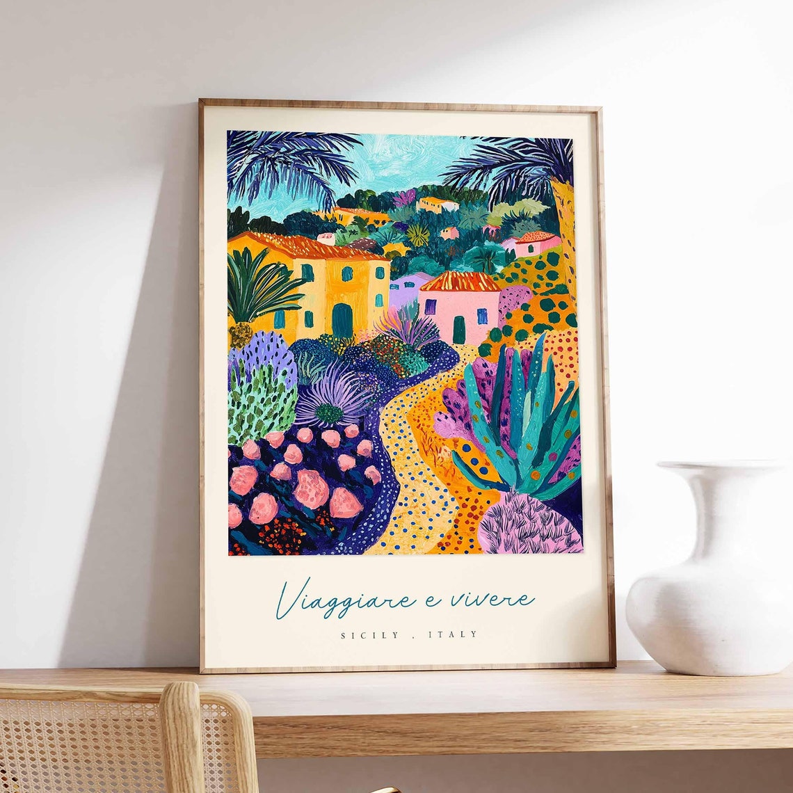 Sicily Italy Colorful Village Poster Moonlit Night Houses And Flowers