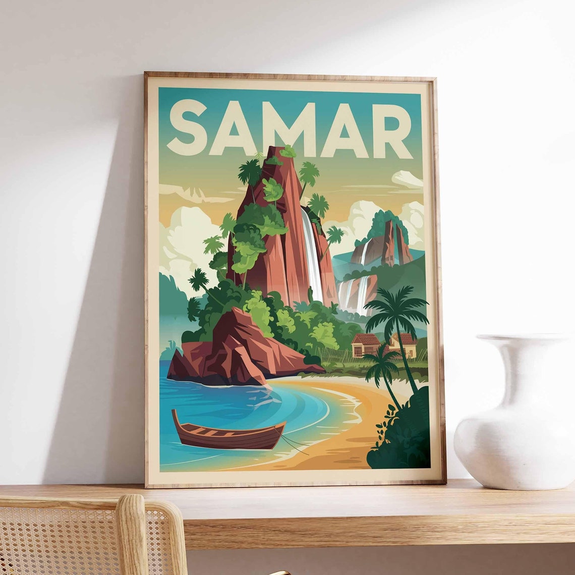 Samar Island Retro Travel Poster Waterfall Beach with Wooden Boat