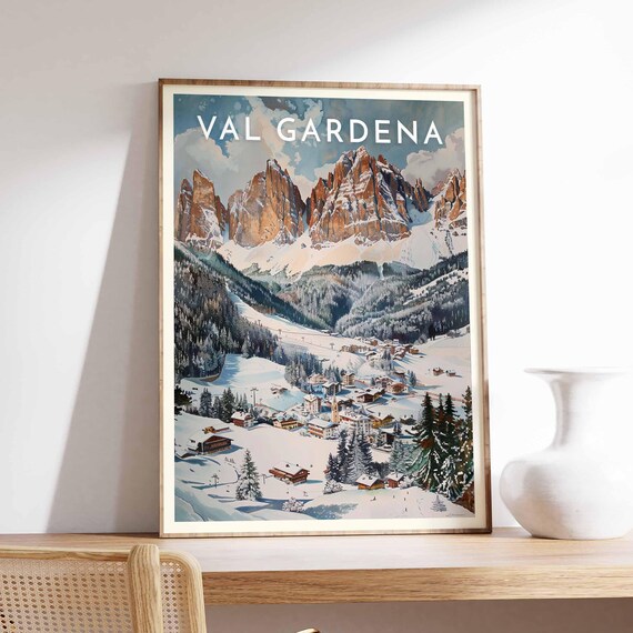Val Gardena Italy Red Dolomite Walls Alpine Valley Village Poster
