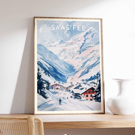 Saas Fee Switzerland Pink Hued Valley Village Below Peaks Lone Skier Poster