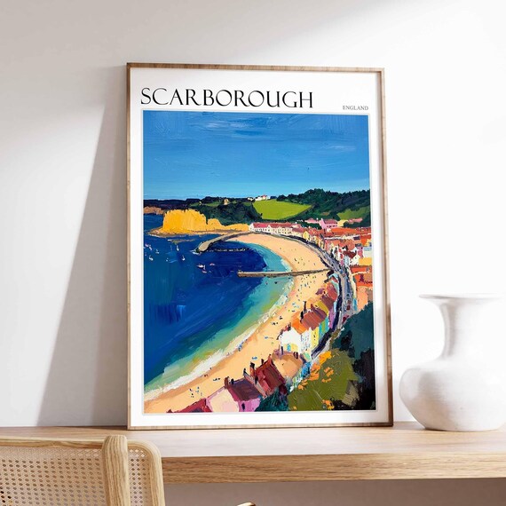 Scarborough Aerial Crescent Beach Pier Bold Poster England Town