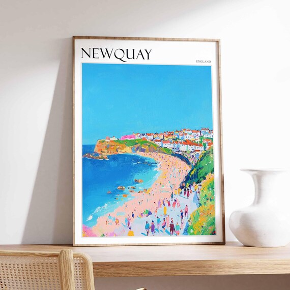 Newquay England Crowded Beach Headland Summer Day Scene Poster