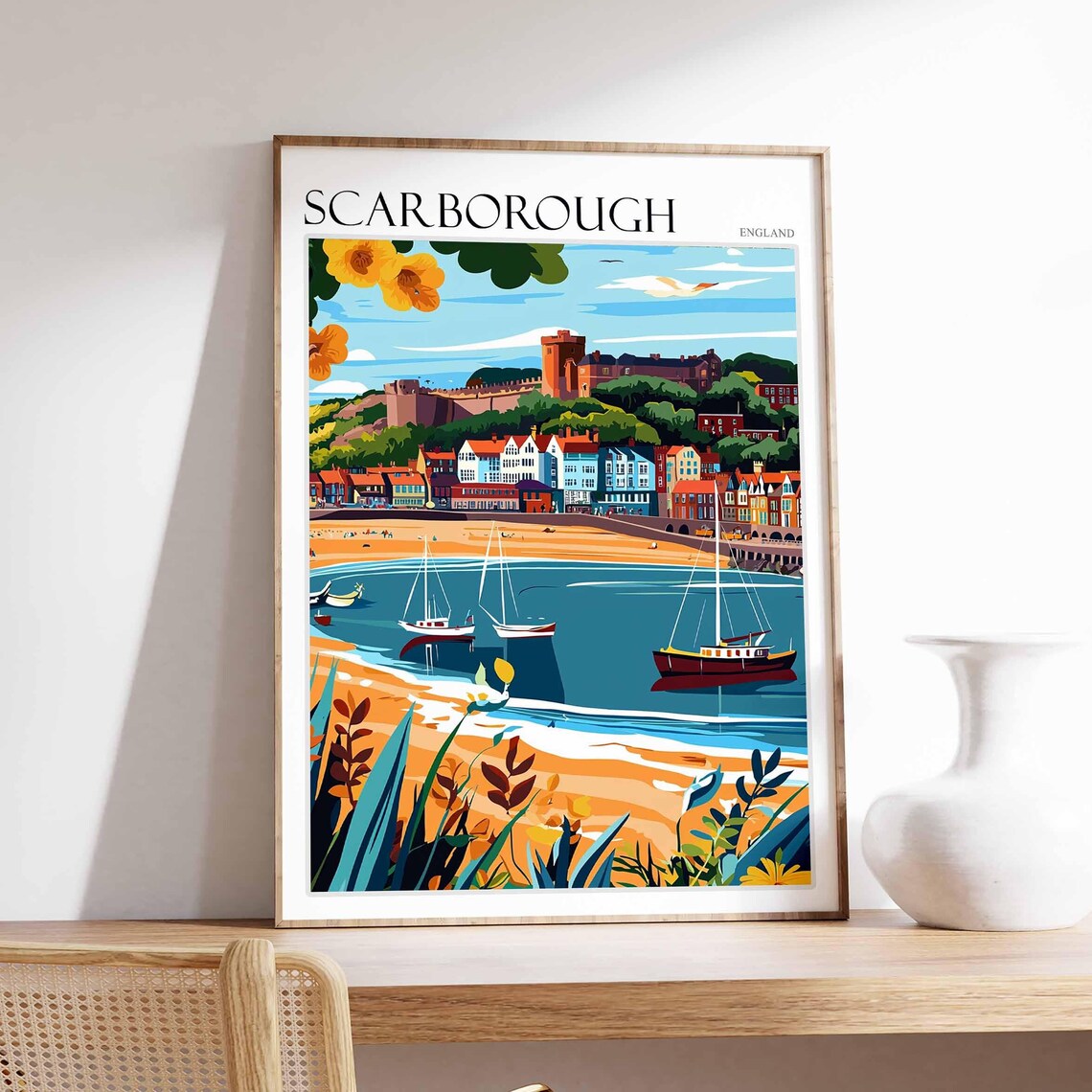 Scarborough Castle Above Bay Sailboats Foliage Poster England
