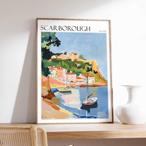 Scarborough Castle Above Beach Sailing Boat Poster England Art