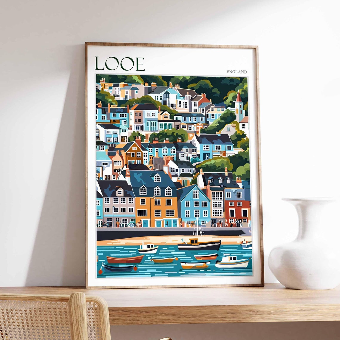 Looe England Waterfront Cottages Fishing Boats Harbor Scene Poster