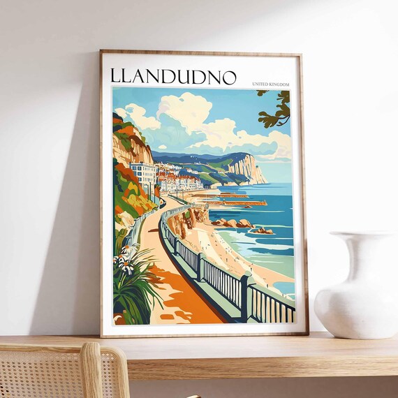 Llandudno United Kingdom Promenade Walkway Retro Flat Style View Poster