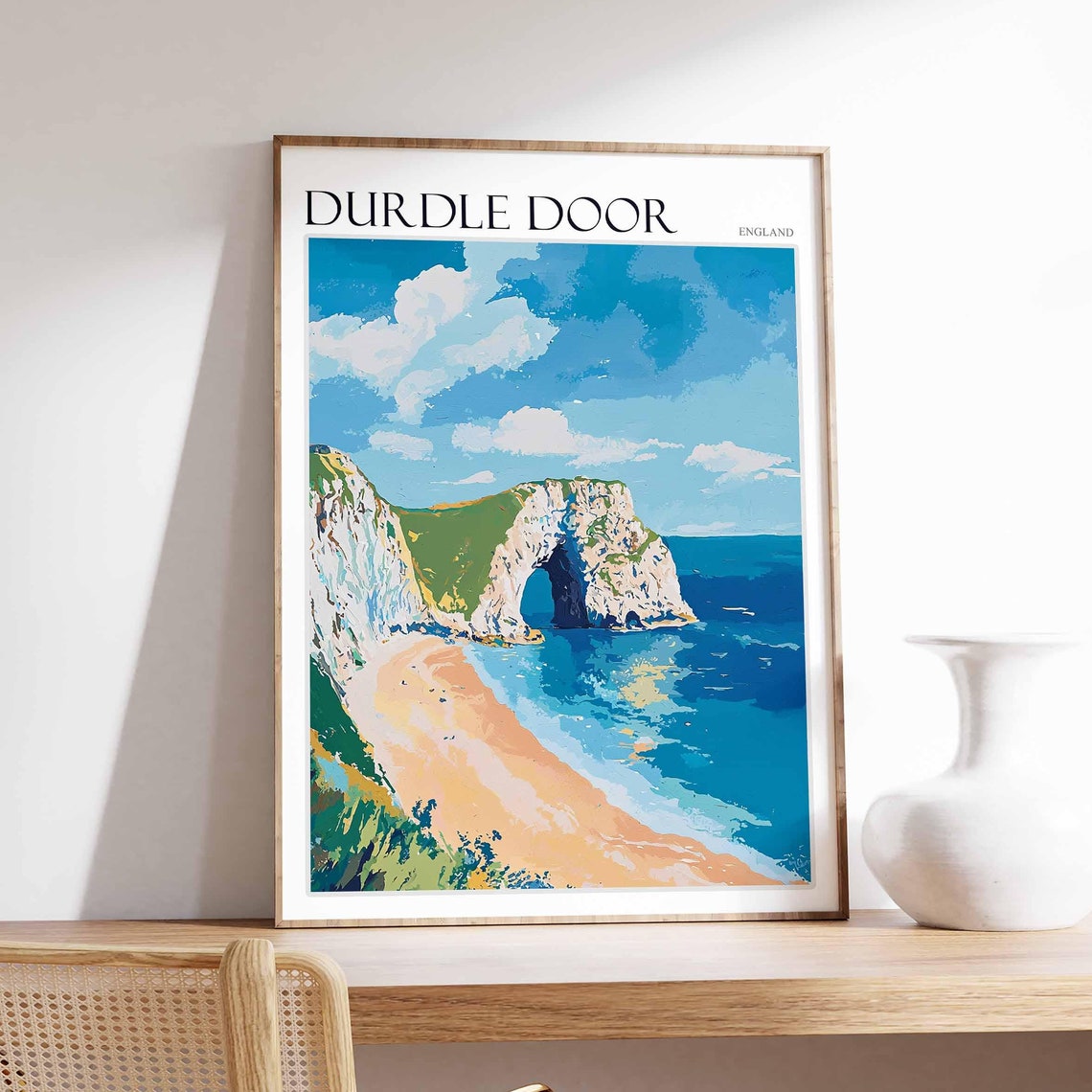 Durdle Door England Cliff Arch Beach Blue Sky Clouds Painting Poster