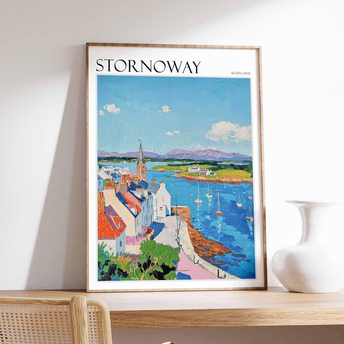 Stornoway Church Spire Coastline Sailboats Painterly Scotland Poster