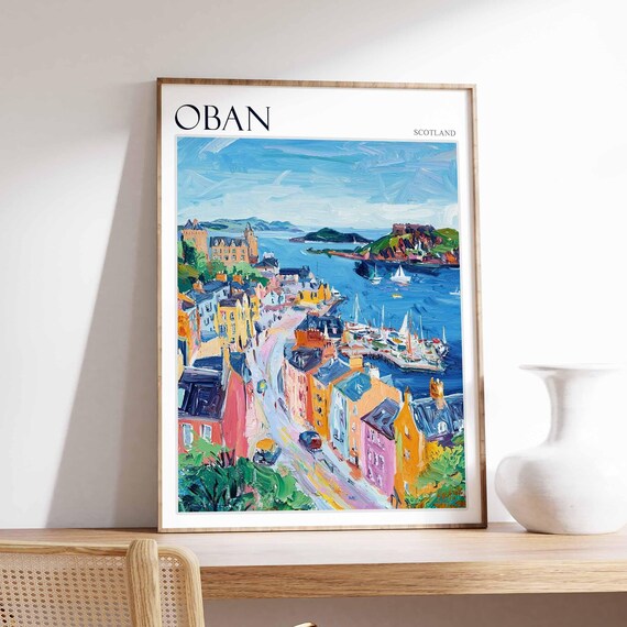 Oban Street to Marina Castle Island Town Scotland Travel Poster