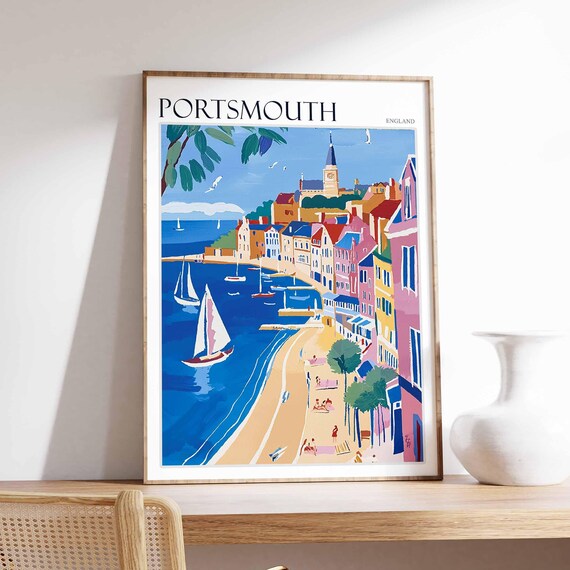 Portsmouth England Seaside Promenade Beach Sailboats Clock Spire Poster