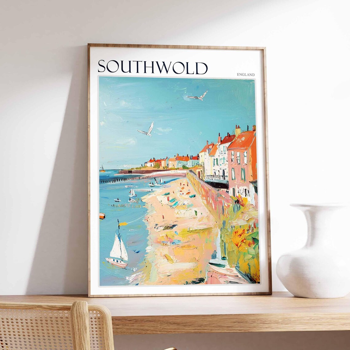 Southwold Beach Sailing Boats Seagulls Travel Poster England Coast