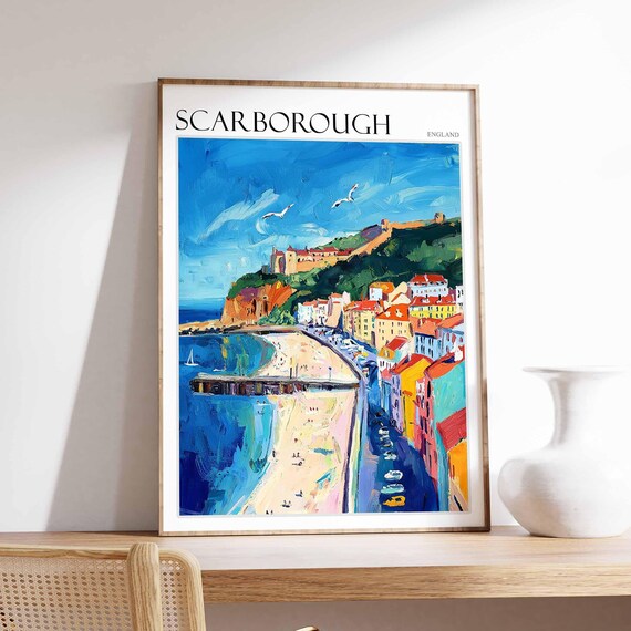 Scarborough Bold Beach And Castle Blue Sky Poster England Art