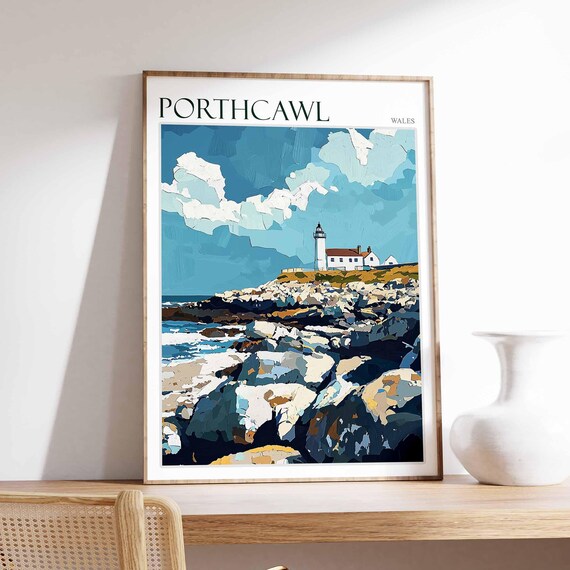 Porthcawl Wales Lighthouse Rocky Point Scene Vintage Travel Poster