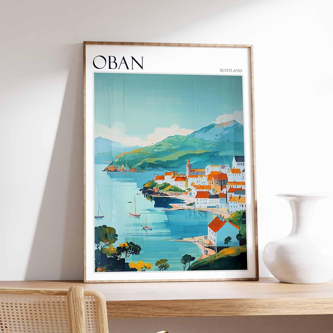 Oban Colorful Coastal Town Mountain Bay Scotland Travel Poster