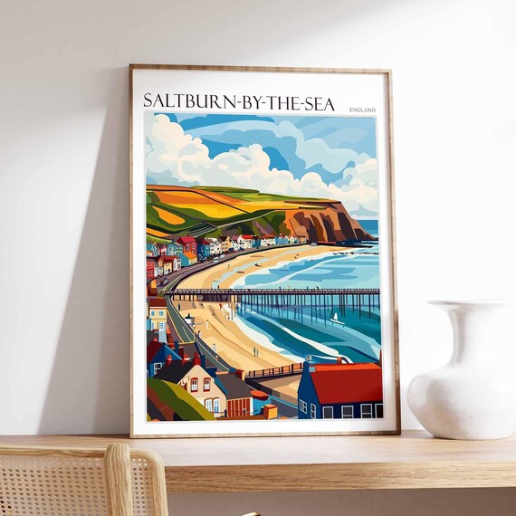 Saltburn-by-the-Sea England Retro Pier Beach Illustration Travel Poster