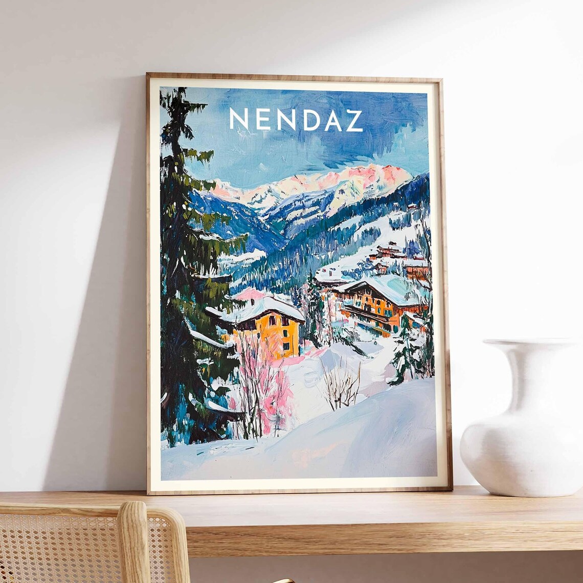 Nendaz Switzerland Colorful Village Pines Pink Peak Alpine Travel Poster
