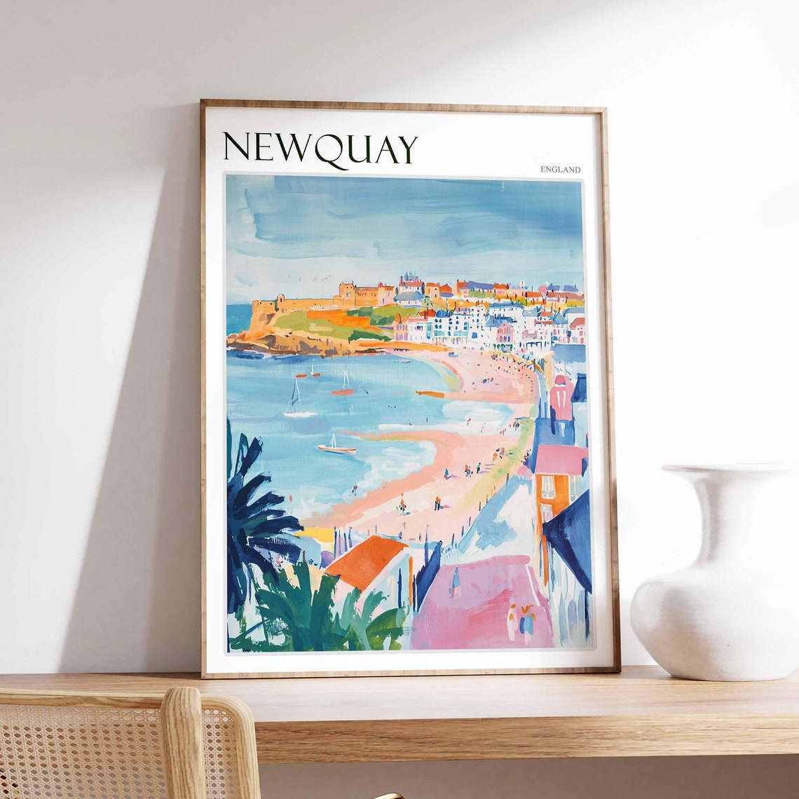 Newquay England Colorful Beach Bay Surfers Summer Painting Poster