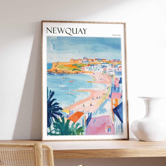 Newquay England Colorful Beach Bay Surfers Summer Painting Poster