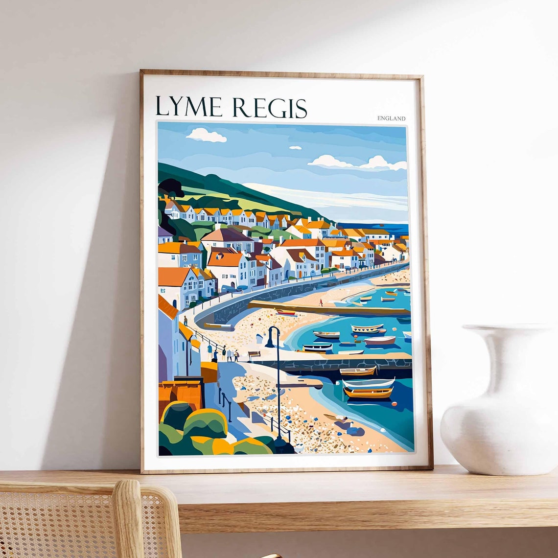 Lyme Regis England Harbor Boats Beach Hillside Old Town Poster