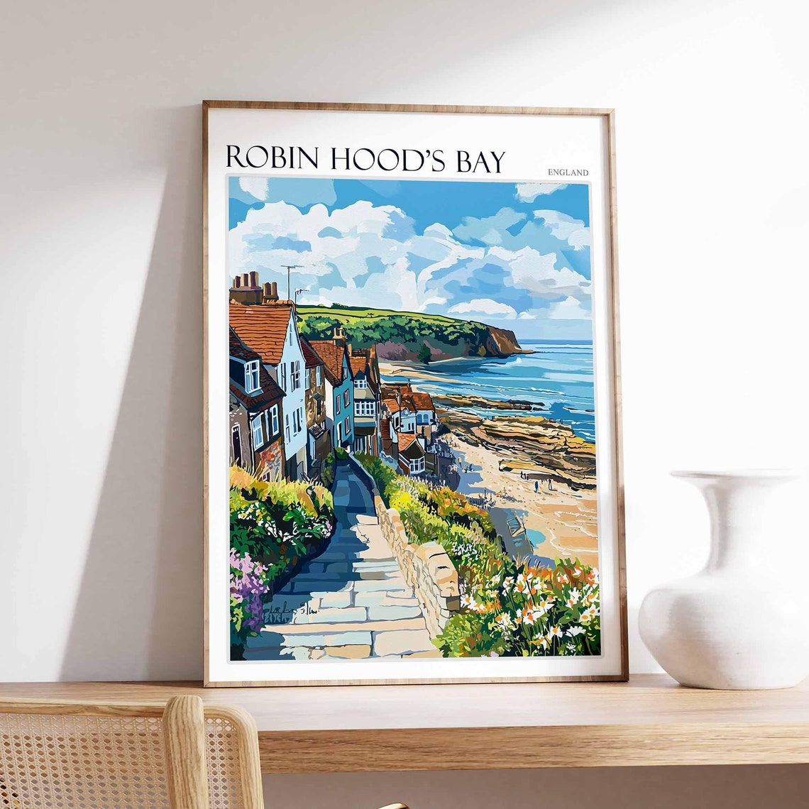 Robin Hood's Bay England Garden Steps Beach Clouds Travel Poster