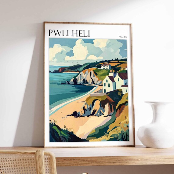 Pwllheli Wales Coastal Cliffs Beach Cottages Vintage Travel Poster