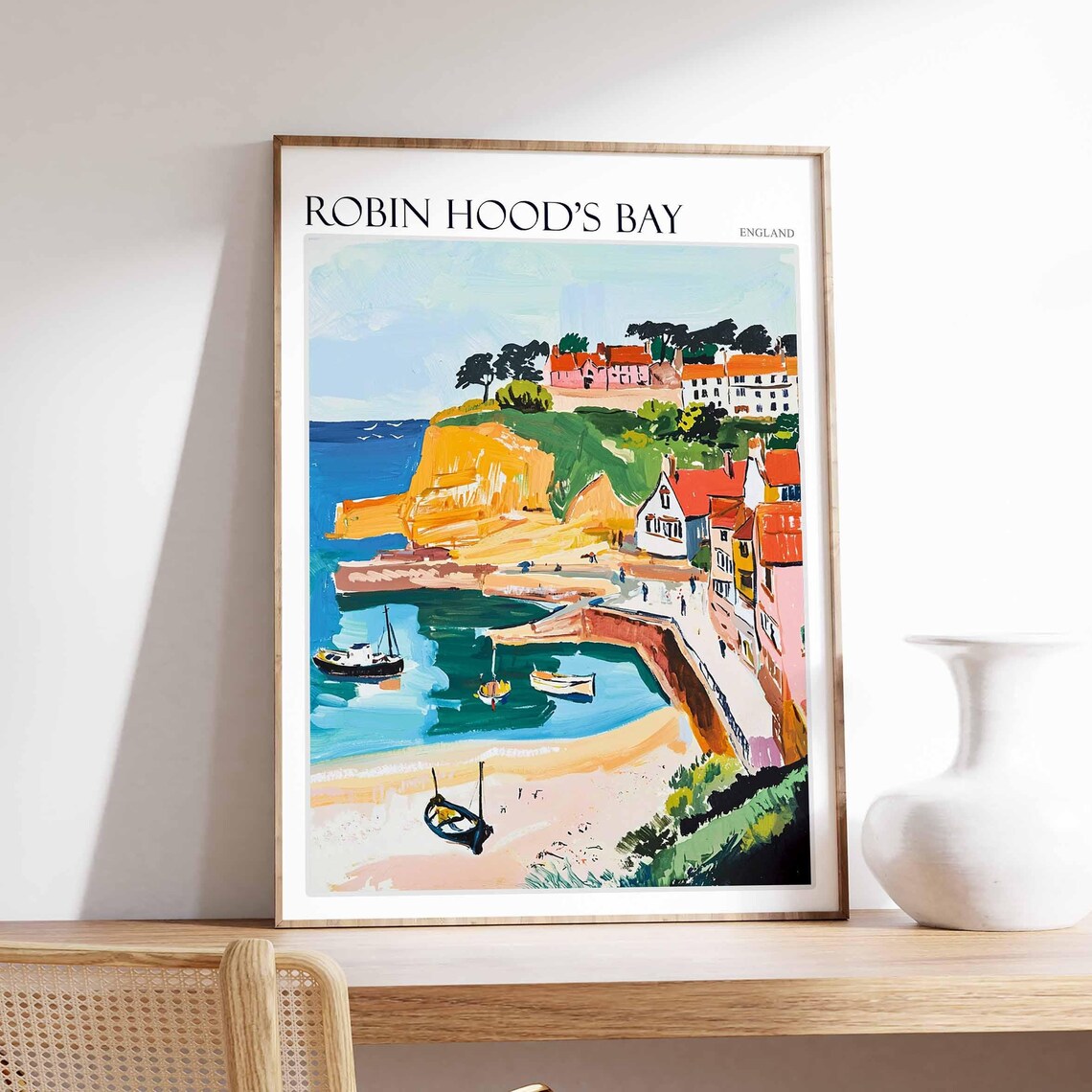Robin Hood's Bay England Golden Cliff Cove Fishing Boats Poster