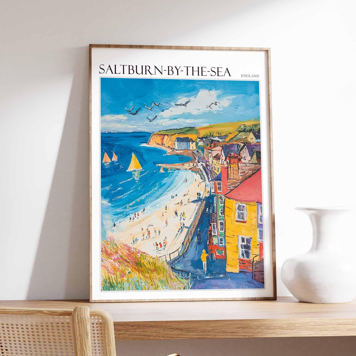 Saltburn-by-the-Sea England Sailboats Gulls Beach Painting Poster