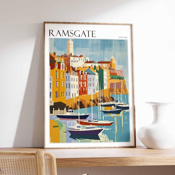 Ramsgate England Retro Harbor Boats Hillside Town Scene Poster