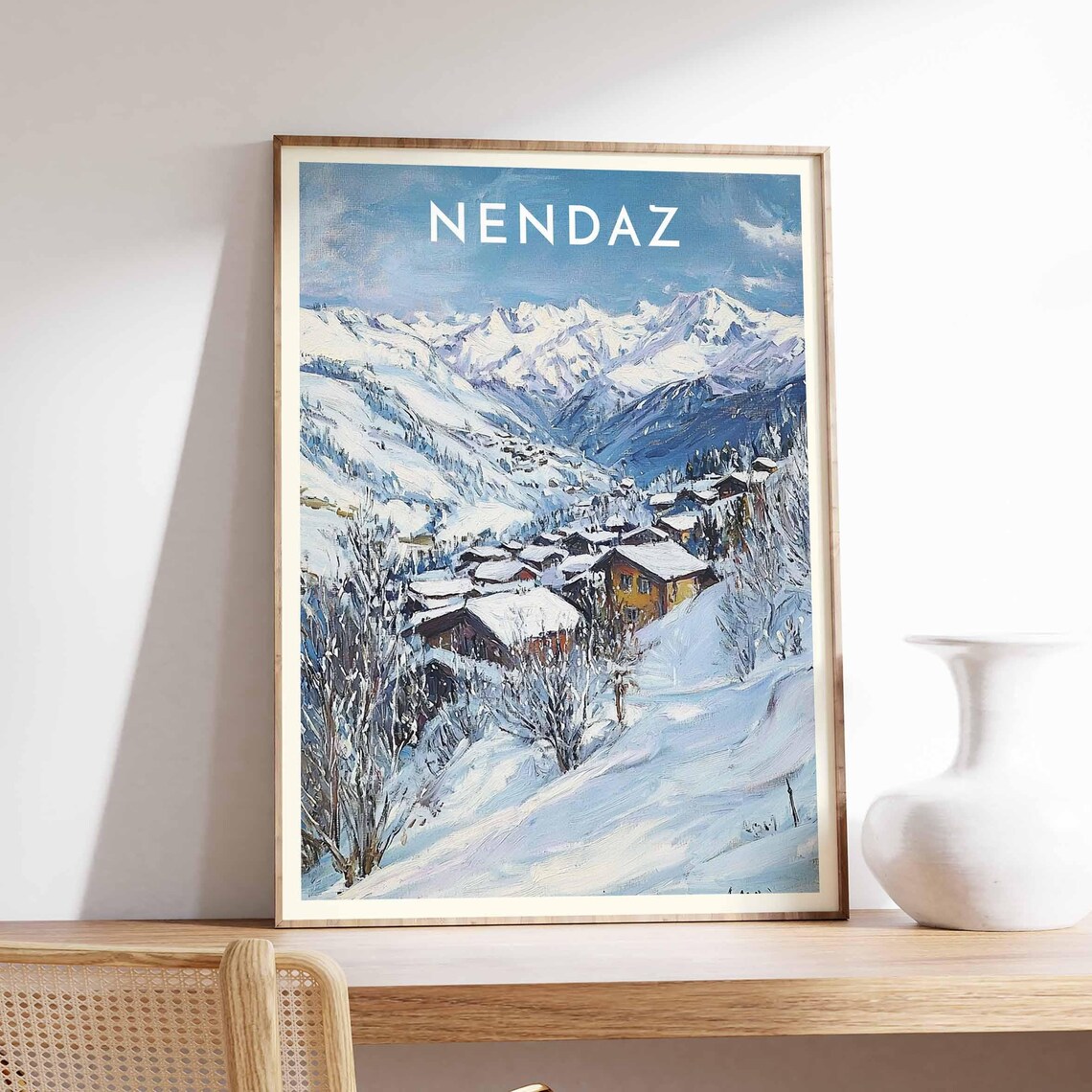 Nendaz Switzerland Blue Winter Painting Village In Snowy Slopes Poster