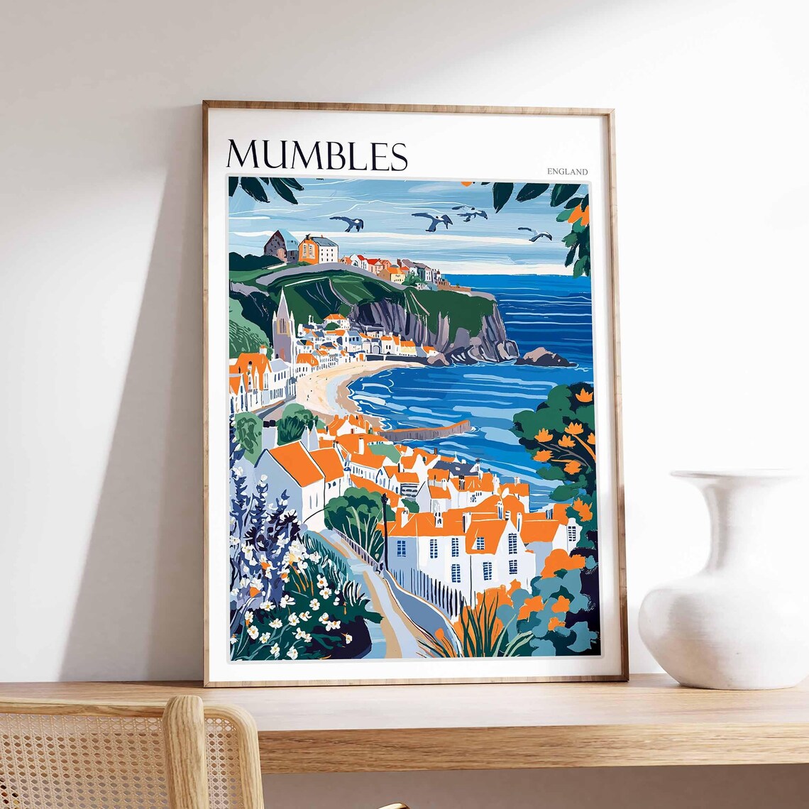 Mumbles England Vintage Style Town Cliff Church Flowers Poster