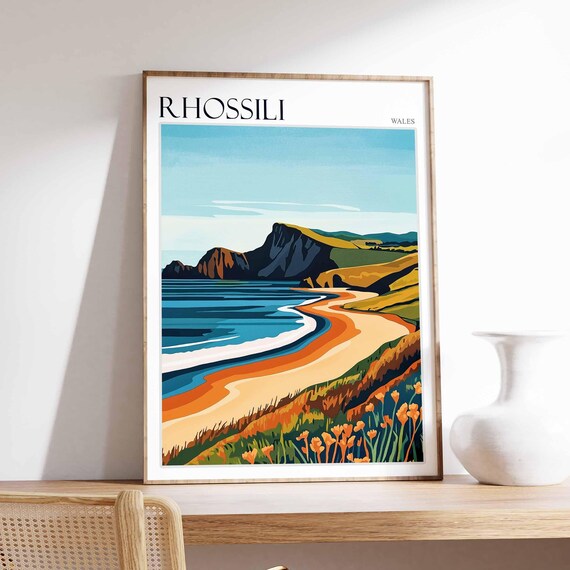 Rhossili Wales Bold Graphic Beach Dark Cliffs Bright Orange Poster