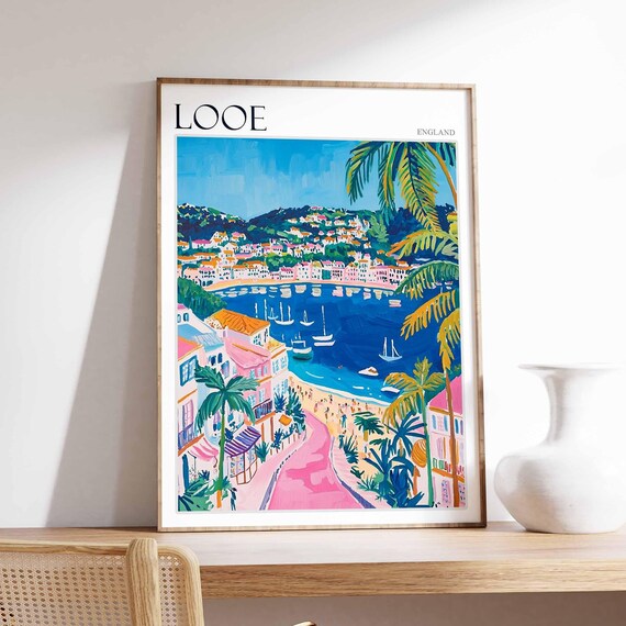 Looe England Pink Road Palm Trees Harbor Boats Colorful Poster