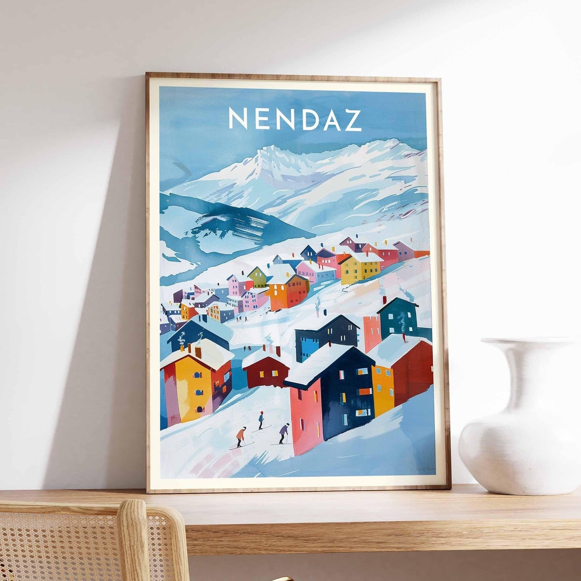 Nendaz Switzerland Bold Geometric Chalets Skiers Snow Peak Art Poster