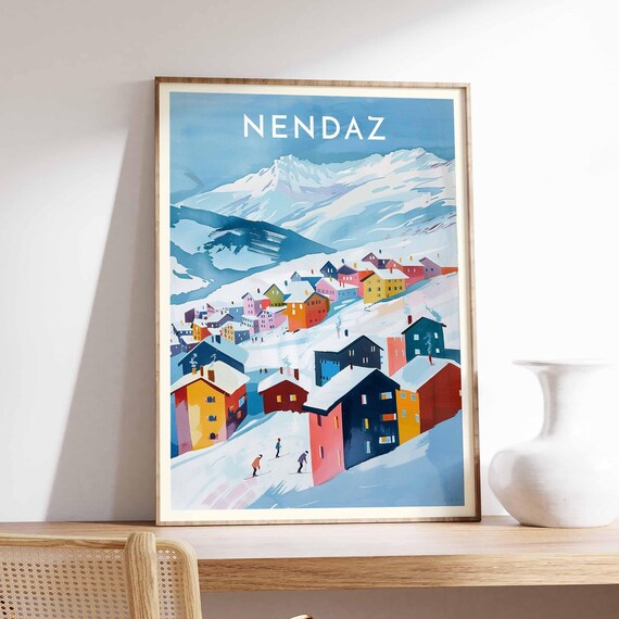 Nendaz Switzerland Bold Geometric Chalets Skiers Snow Peak Art Poster