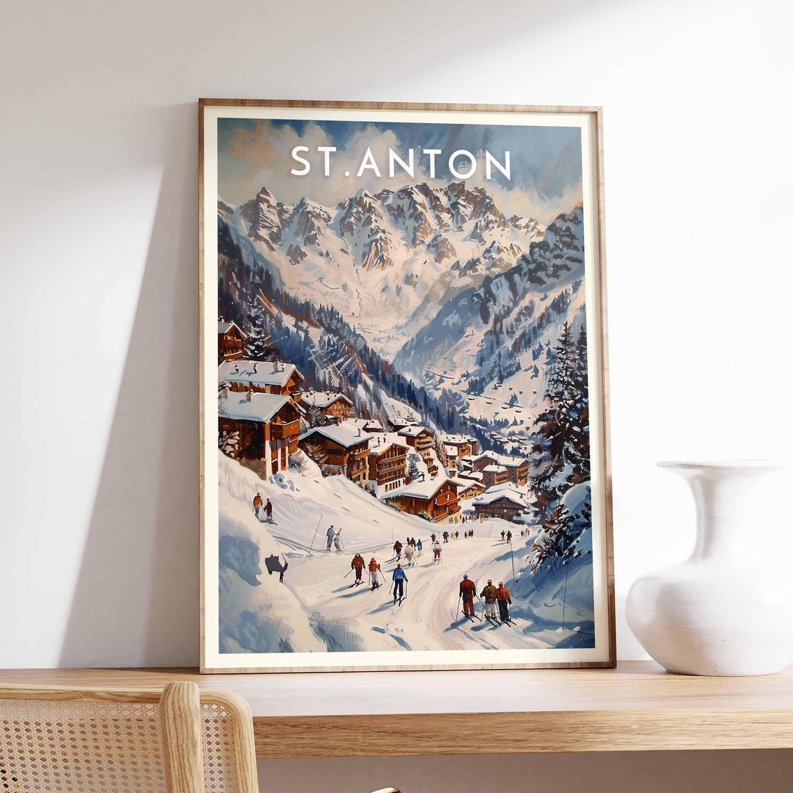 St. Anton Austria Watercolor Skiers Crossing Snowy Valley Poster