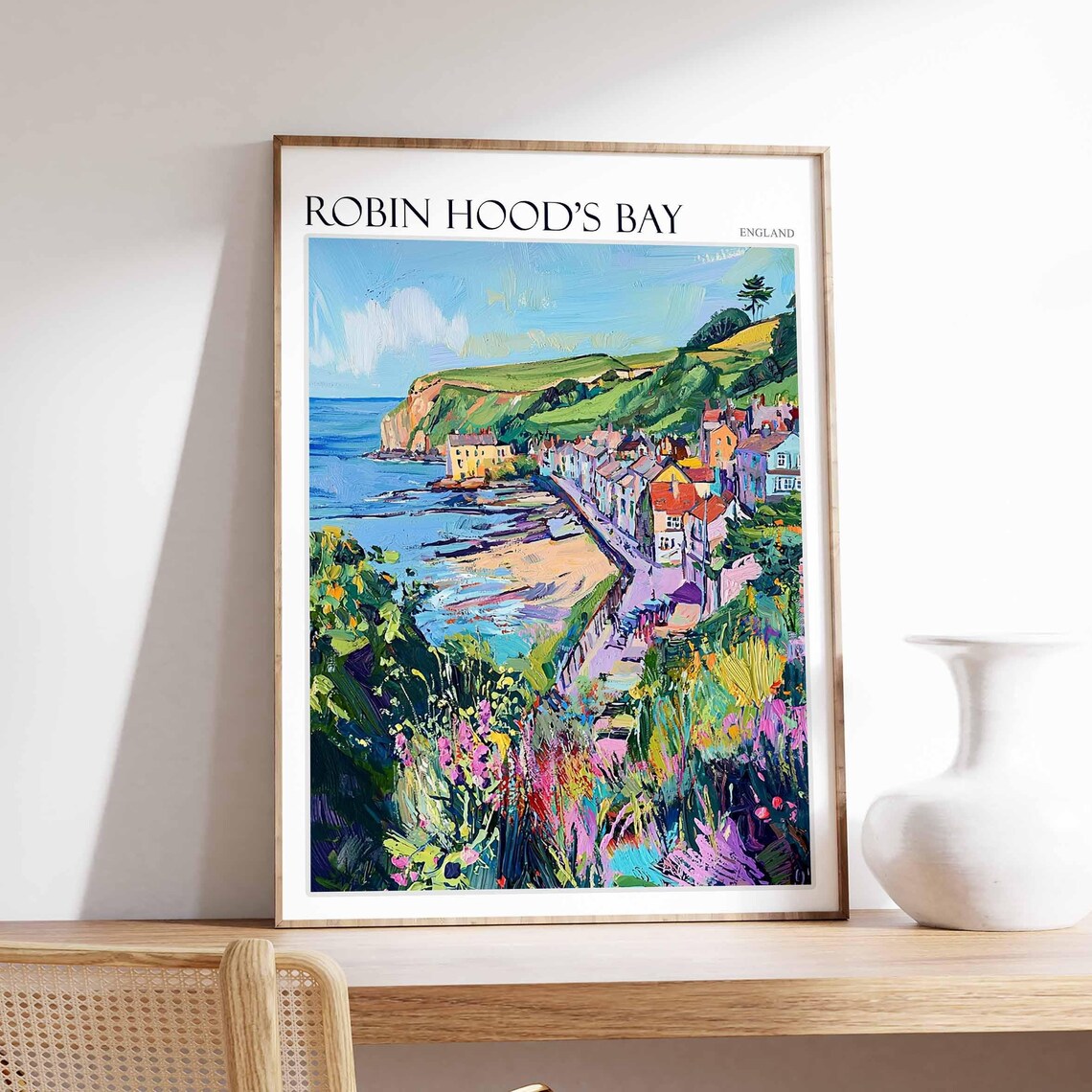 Robin Hood's Bay England Wildflower Hillside Bay Painting Poster