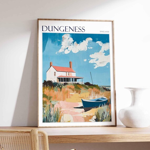 Dungeness England Coastal Cottage with Blue Boat on Dunes Poster